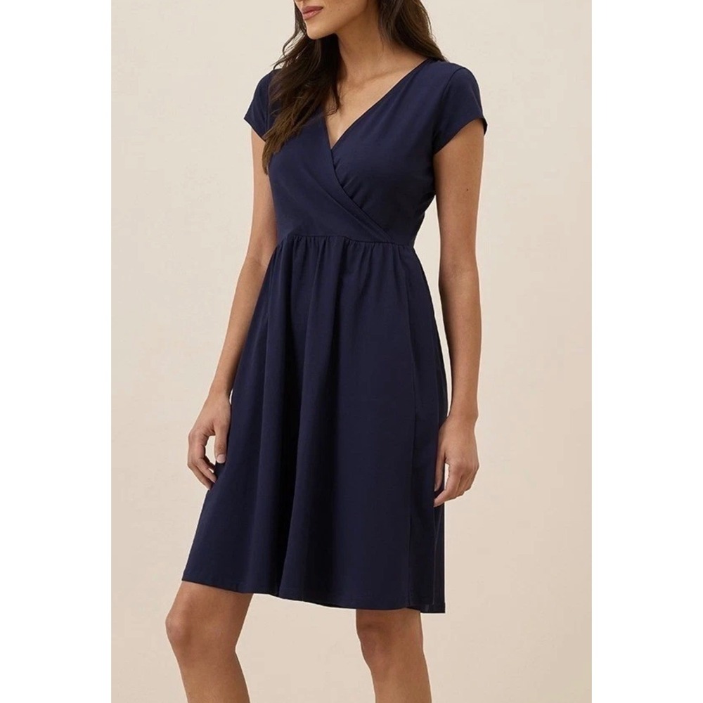 Pact Organic Cotton Wrap Front Fit and Flare Dress Navy Purple Cap Sleeve M